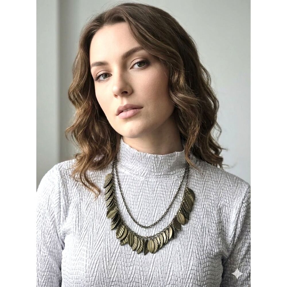 Two Layer Chain & Leaves Necklace Bronze Tone Metal Retired